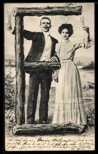 AK Paar mit Sektgläsern steht hinter dem Buchstaben E