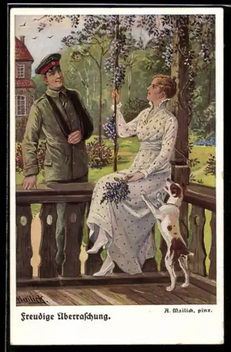 Künstler-AK Alfred Mailick: Verwundeter Soldat überrascht seine Liebste, Freudige Überraschung