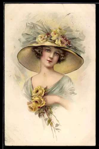 Künstler-AK Junge Frau im Kleid mit gelben Blumen in der Hand, Jugendstil