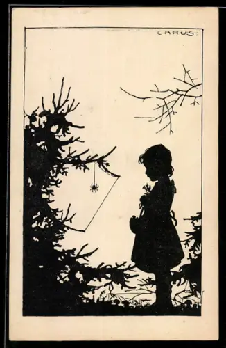 Künstler-AK Carus: Mädchen betrachtet die Spinne am Baum