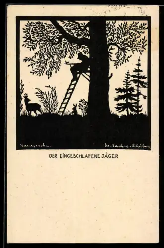 Künstler-AK M. Sachse-Schubert: Eingeschlafener Jäger auf seinem Hochsitz, Scherenschnitt