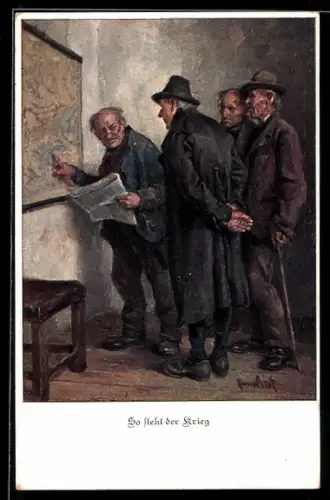 Künstler-AK So steht der Krieg, Alte Herrschaften schauen auf Landkarte