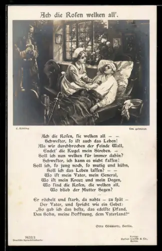 Künstler-AK Rotes Kreuz-Schwester am Bett eines sterbenden Soldaten, Gedicht Ach die Rosen welken all`