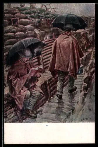 AK britische Soldaten bei Regenwetter in ihrem Schützengraben