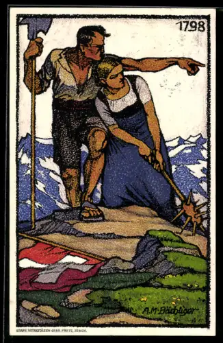 Künstler-AK Schweizer Bundesfeier 1913, Bauerpaar auf einem Berggipfel
