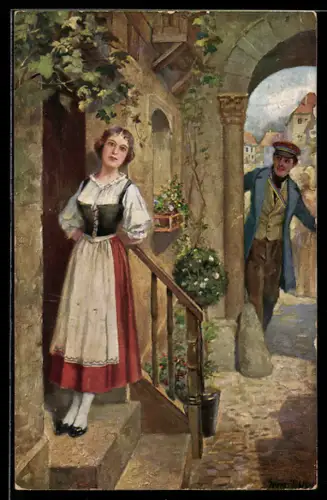 Künstler-AK Georg Mühlberg: Junger Mann geht seiner Liebsten am Hauseingang entgegen