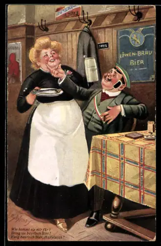 Künstler-AK Ernst Schlemo: Löwen-Brau Bier, Wie kommt sie mir für?..., Student und Schankmaid