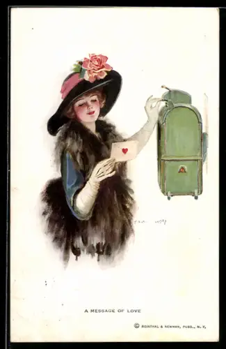 Künstler-AK F.Earl Christy: A message of love, Dame mit Hut wirft Liebesbrief in einen Briefkasten