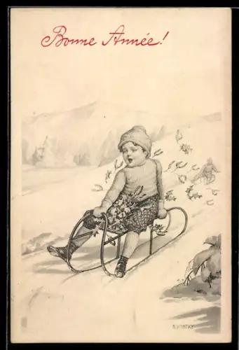 Künstler-AK R.Kratky: Eine Junge rodelt mit seinem Schlitten und ganz vielen Mistelzweigen einen Berg hinab