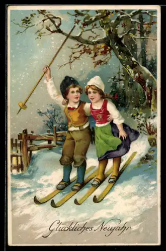 AK Mädchen und Knabe fahren auf Ski dem neuen Jahr entgegen