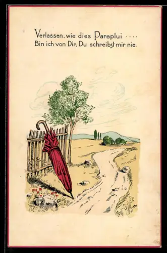 AK Am Wegesrand vergessener Regenschirm mit Aufforderung zum Schreiben