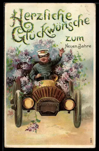 AK Mann mit Blumen im Auto