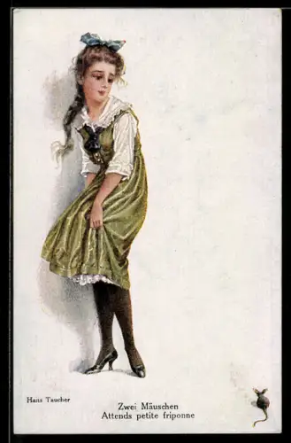Künstler-AK Mädchen in grünem Kleid ängstigt sich vor einer Maus