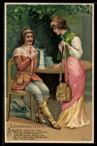 AK Lindenwirtin, Wirtin mit Gast, Weinkrug