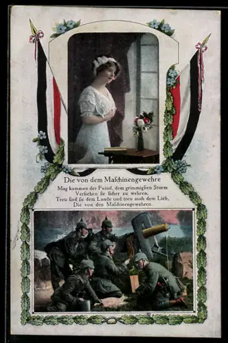 AK Soldaten der Infanterie mit Maschinengewehr, Junge Frau im Kleid