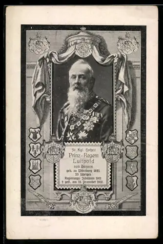 AK Prinzregent Luitpold von Bayern in Uniform mit Orden, Trauerkarte
