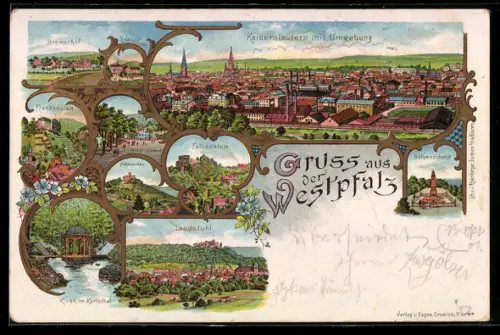 Lithographie Kaiserslautern /Westpfalz, Fruchthalle, Landstuhl, Falkenstein