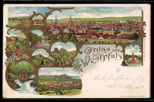 Lithographie Kaiserslautern /Westpfalz, Fruchthalle, Landstuhl, Falkenstein