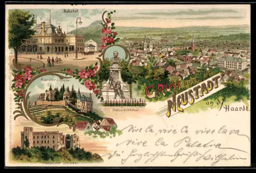 Lithographie Neustadt, Bahnhof, Totalansicht, Haardter Schloss, Hetzeldenkmal