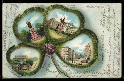 Passepartout-Lithographie Hannover, Kleeblatt mit Ansichten von Theater, Kriegerdenkmal und Karmarschstrasse