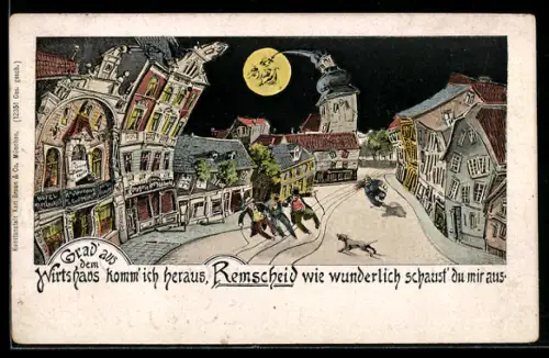 Wirtshaus-AK Remscheid, Marktplatz mit Kirche aus der Sicht eines Betrunkenen