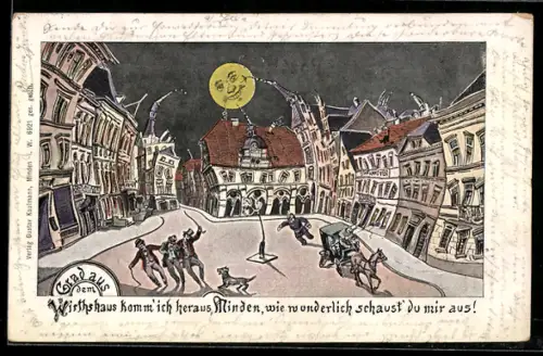 Wirtshaus-AK Minden, Marktplatz aus der Sicht eines Betrunkenen