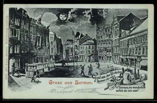 Wirtshaus-AK Barmen, grad aus dem Wirtshaus komme ich raus..., Strasse mit Strassenbahn aus der Sicht eines Betrunkenen