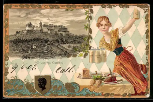 Passepartout-Lithographie Coburg, Veste Coburg, bayerische Tracht, Bier und Brotzeit