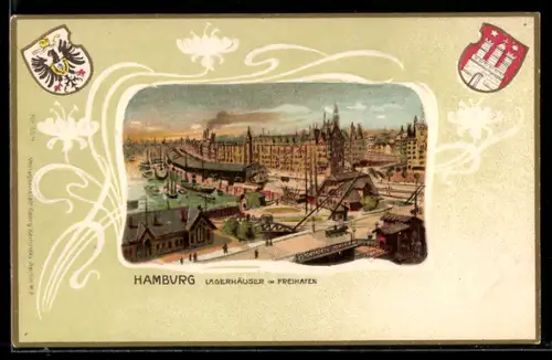 Lithographie Hamburg, Lagerhäuser im Freihafen mit Wappen