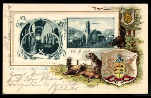 Passepartout-Lithographie Alpirsbach, Klosterkirche mit Innenansicht, Wappen