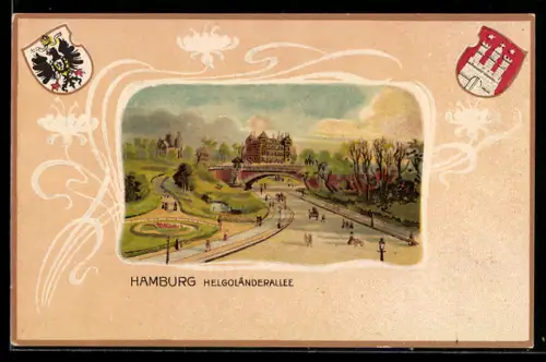 Passepartout-Lithographie Hamburg-St. Pauli, Helgoländerallee, schöner Rahmen, Wappen