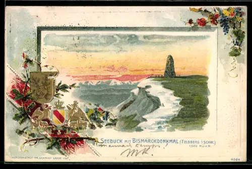 Passepartout-Lithographie Feldberg, Seebuck mit Bismarkdenkmal, Wappen