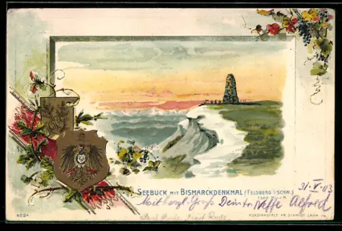 Passepartout-Lithographie Feldberg, Seebuck mit Bismarkdenkmal, Wappen