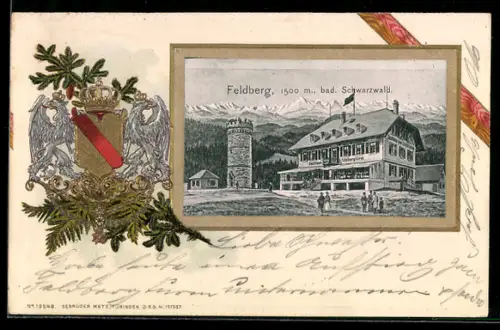 Passepartout-Lithographie Feldberg /Schwarzwald, Gasthaus Feldbergturm, Aussichtsturm, Wappen