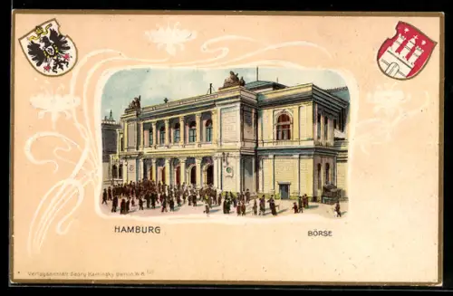 Passepartout-Lithographie Hamburg, Partie an der Börse, Wappen