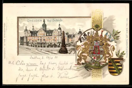 Passepartout-Lithographie Dresden, Ansicht vom Kgl. Schloss, Wappen