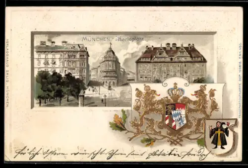Passepartout-Lithographie München, Partie vom Karlsplatz, Wappen