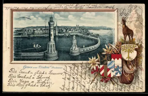 Lithographie Lindau a. B., Hafeneinfahrt, Gams, Wappen