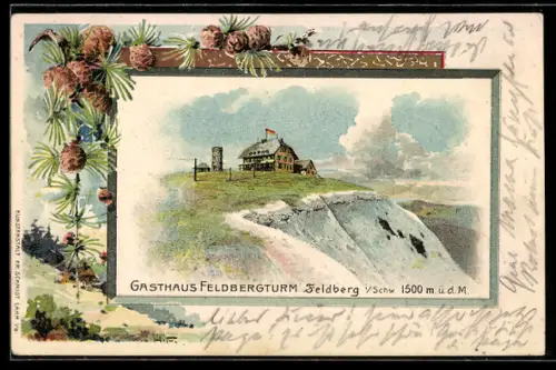 Lithographie Feldberg, Gesamtansicht mit Gasthaus Feldbergturm
