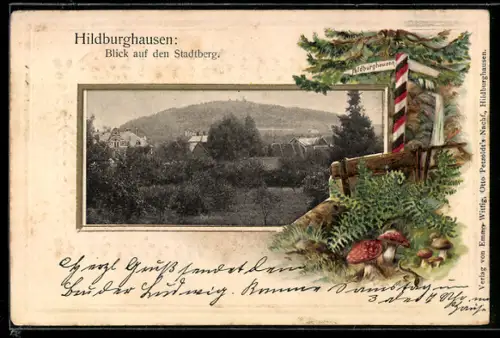Passepartout-Lithographie Hildburghausen, Blick auf den Stadtberg, Wegweiser mit Fliegenpilzen