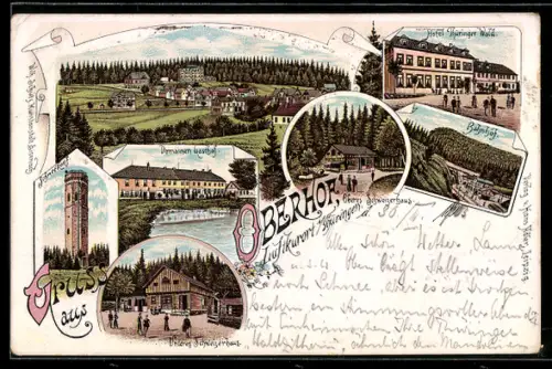 Lithographie Oberhof /Thür., Hotel Thüringer Wald, Bahnhof, Unteres Schweizerhaus, Domainen Gasthof