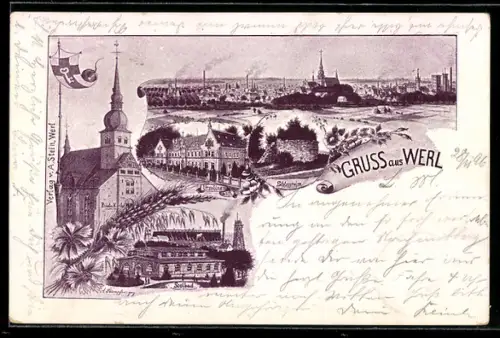 Lithographie Werl, Kirche, Soolbad, Ursulinen Stift, Schlossruine, Totalansicht