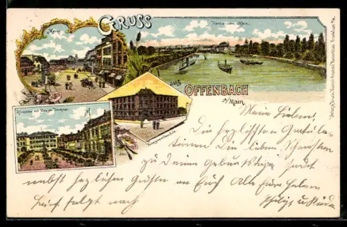 Lithographie Offenbach a. Main, Aliceplatz mit Kriegerdenkmal, Kunstgewerbeschule, Markt u. Mainpartie