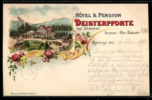 Lithographie Springe, Hotel & Pension Deisterpforte von Chr. Bauer