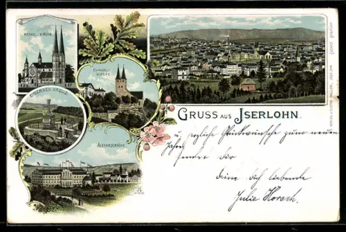 Lithographie Iserlohn, Katholische Kirche, Eisernes Kreuz, Alexanderhöhe