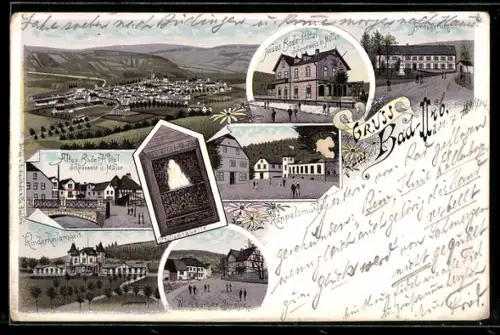 Lithographie Bad-Orb, Altes Bade-Hotel, Amtsgericht, Gesamtansicht