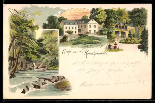 Lithographie Plaidt, Zwei Ansichten der Rauschermühle & Flusspartie