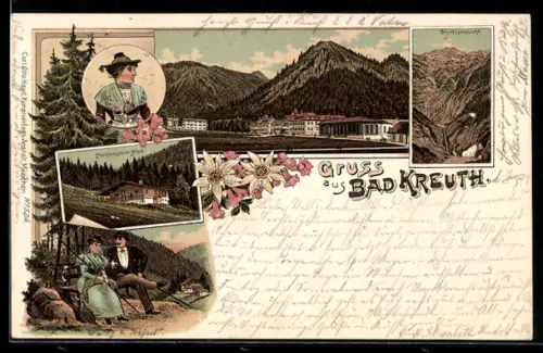 Lithographie Bad Kreuth, Totalansicht, Hohlenstein-Alpe, Wolfsschlucht