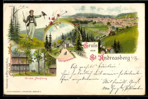 Lithographie Andreasberg i. H., Rehberger Grabenhaus, Grube Neufang, Ortsansicht