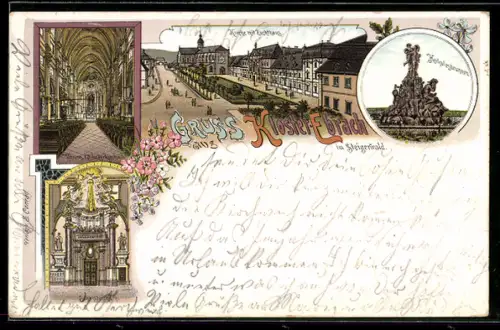 Lithographie Ebrach /Steigerwald, Inneres der Klosterkirche, Kirche mit Zuchthaus, Herkulesbrunnen